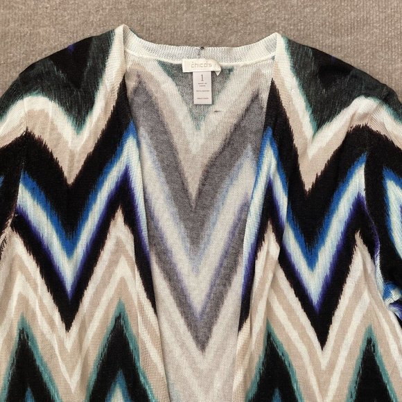 Chico’s Cardigan Womens Size 1 Medium Chevron Lightweight Sweater Black Teal - Picture 3 of 10